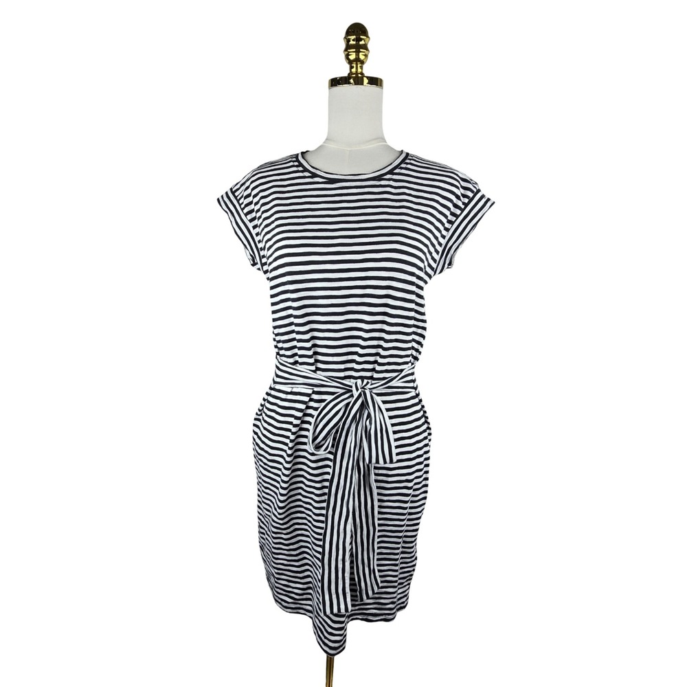 J.Crew Striped T-Shirt Dress Womens S Black White Tie Waist Preppy Nautical